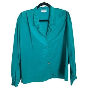 Vintage Copy Cat Green Blouse Size 12 Made in USA Polyester Shirt